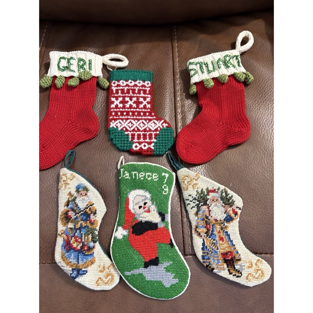 (6) Vintage Needlepoint Christmas Mini Stocking Santa Ornament 5.5"-7" appx - Picture 6 of 6